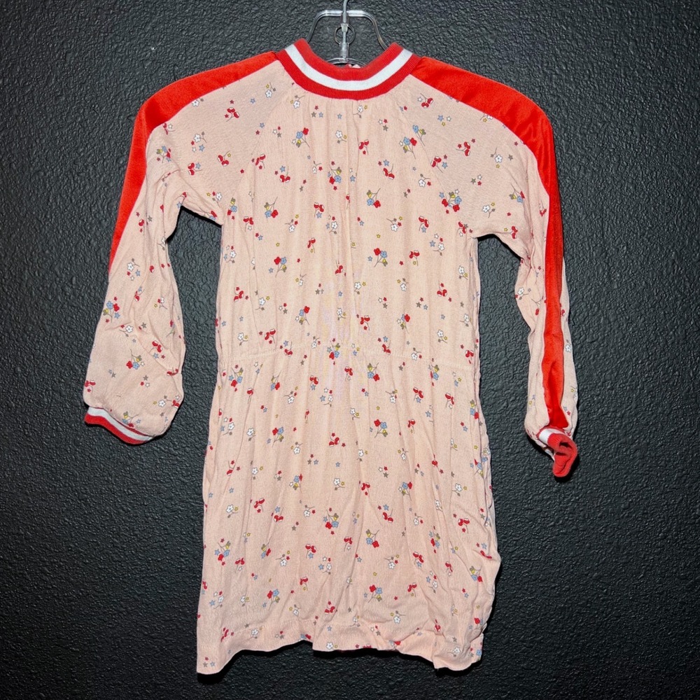 Boden Girls Dress 2-3Y Pink Floral Long Sleeve Red Stripe Sleeve Stretch Casual